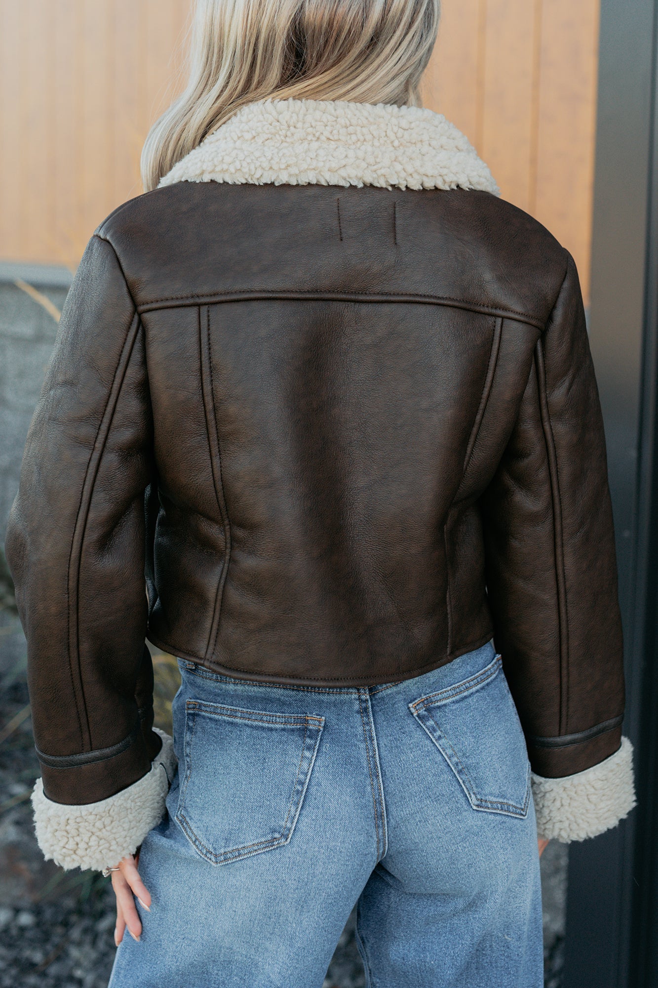 Serves You Right Sherpa Lined Faux Leather Jacket (Brown)