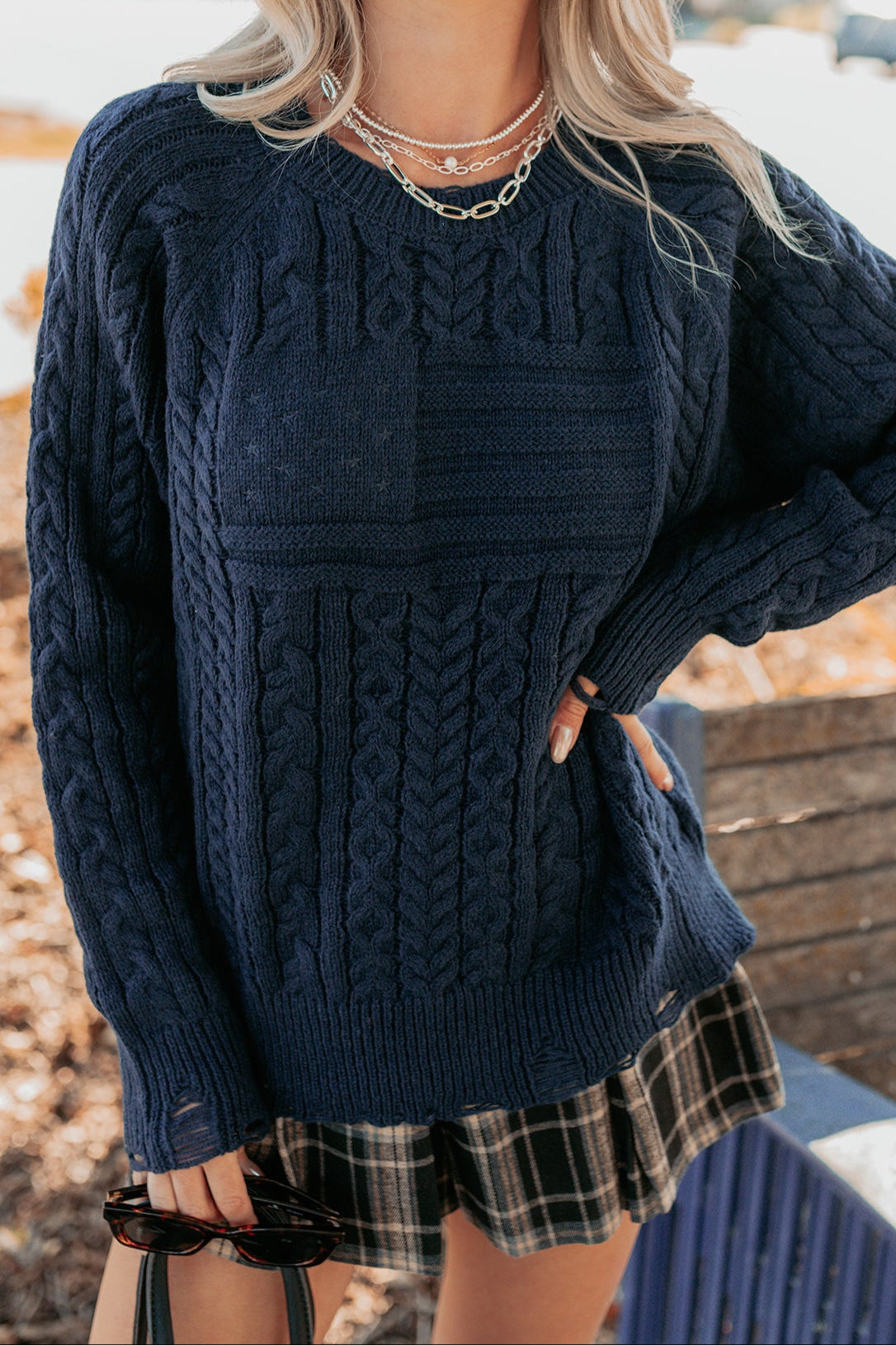 Wild Grace Distressed Hem Flag Cable Knit Sweater (Navy)
