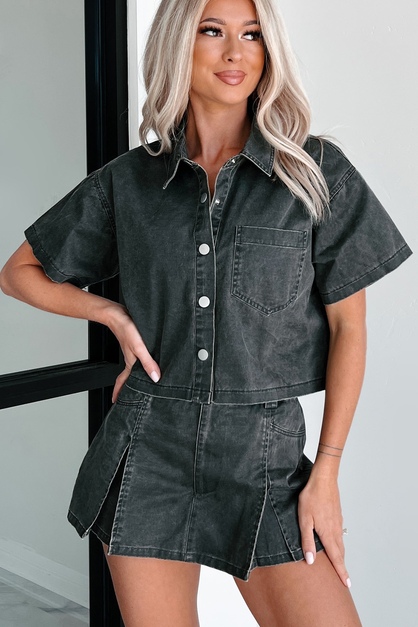 Tory Boxy Denim Button-Up Shirt (Washed Grey)