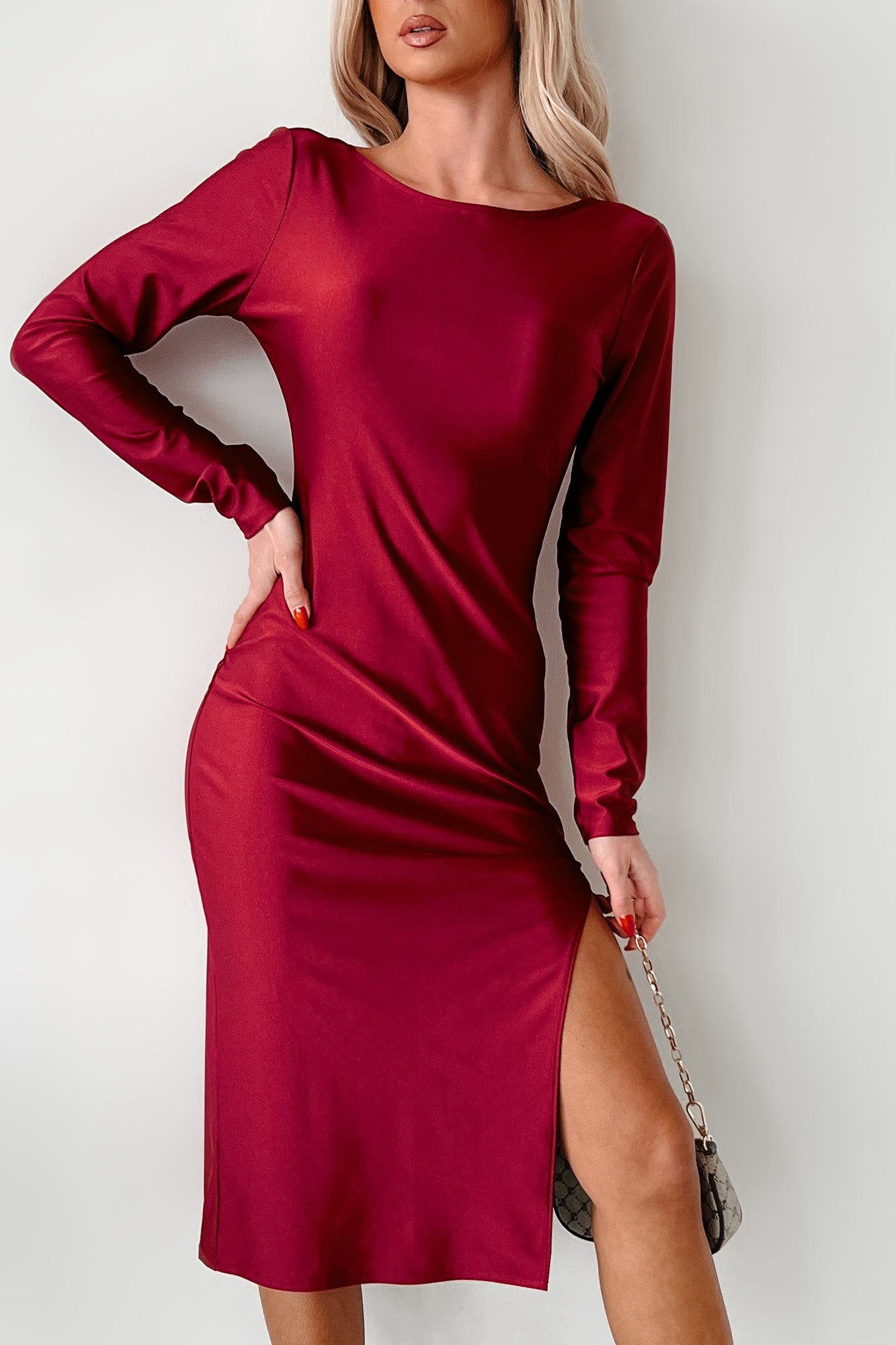 Style Essence Long Sleeve Midi Dress (Burgundy Red)
