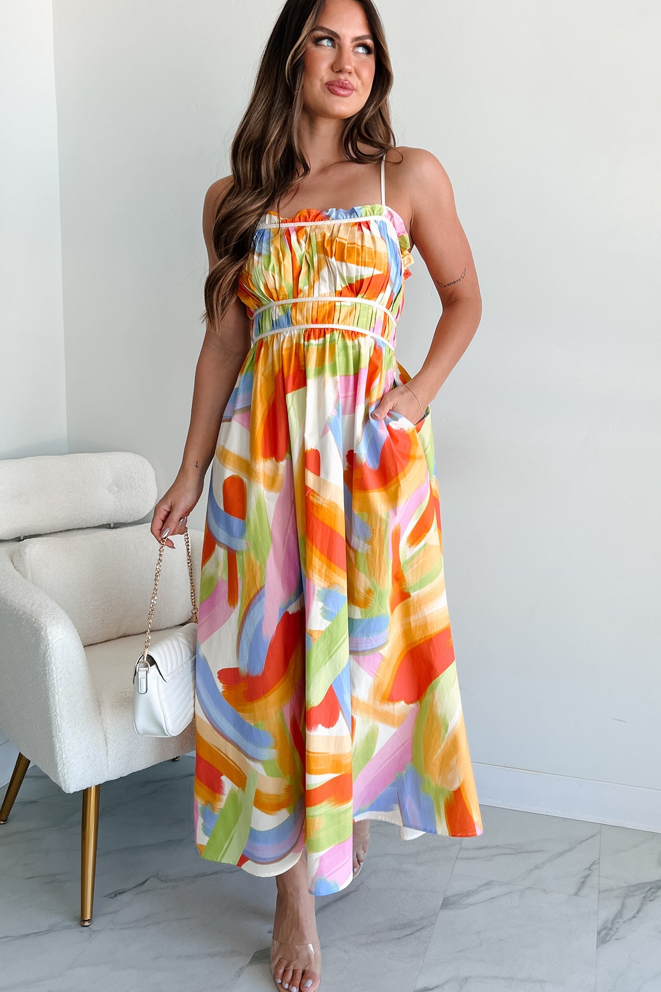 Passionate Response Printed Maxi Dress (White/Blue/Yellow)