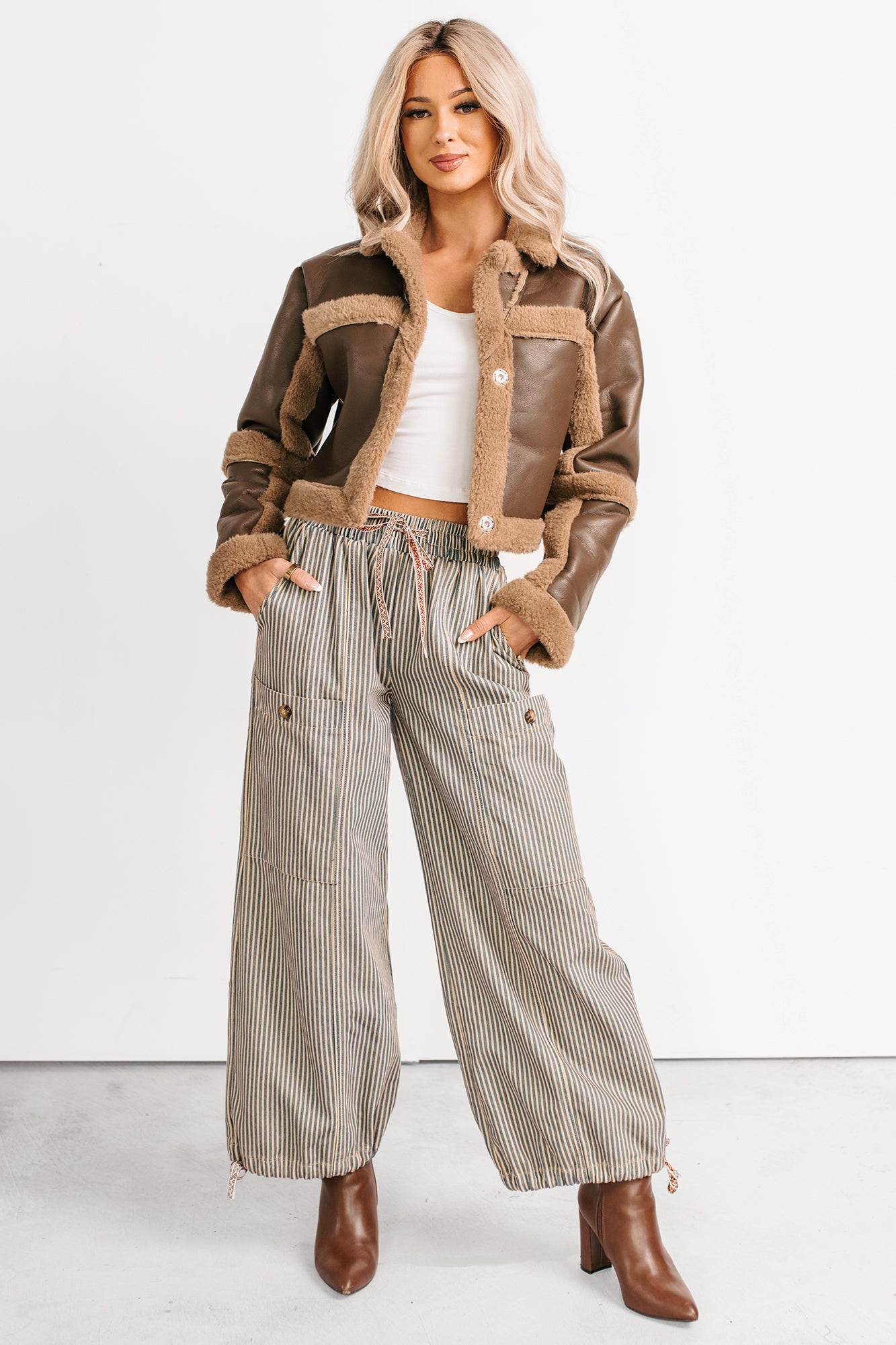 Restless Heart Striped Wide Leg Drawstring Pants (Latte)