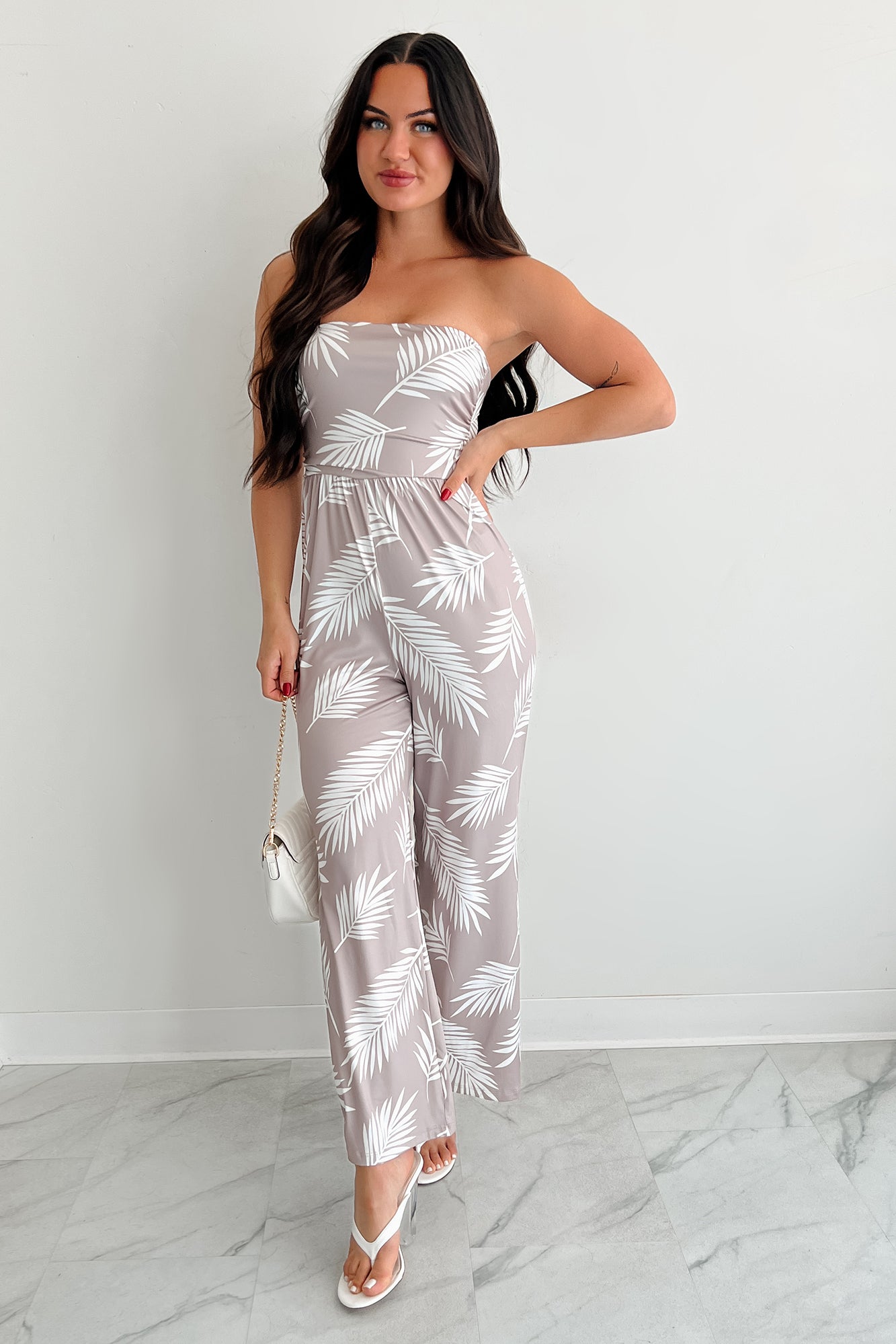 Palm Plans Strapless Leaf Print Jumpsuit (Taupe)