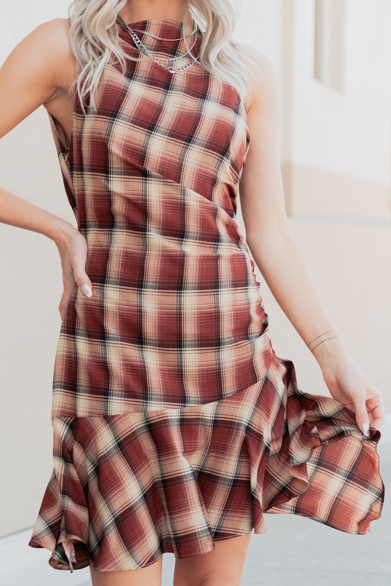Purely Hers Sleeveless Plaid Mini Dress (Rust Plaid)