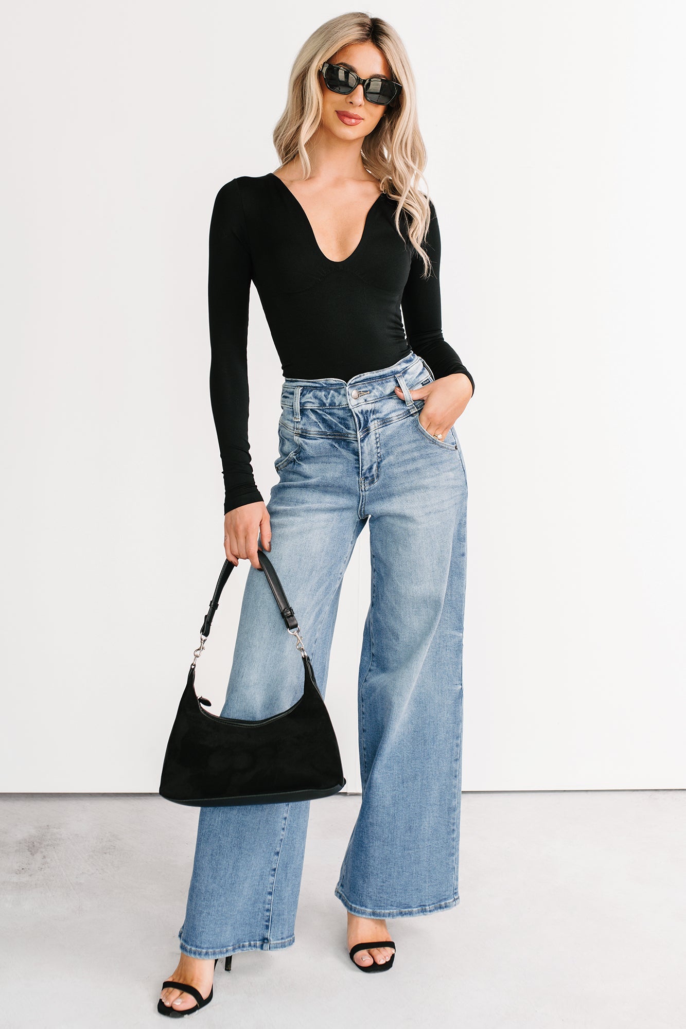 Regal Routine Long Sleeve Plunging Bodysuit (Black)