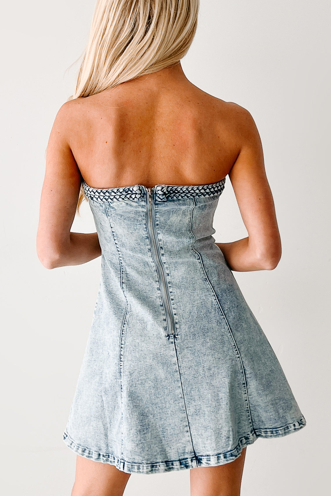 Letting It Go Strapless Denim Mini Dress (Light Denim)