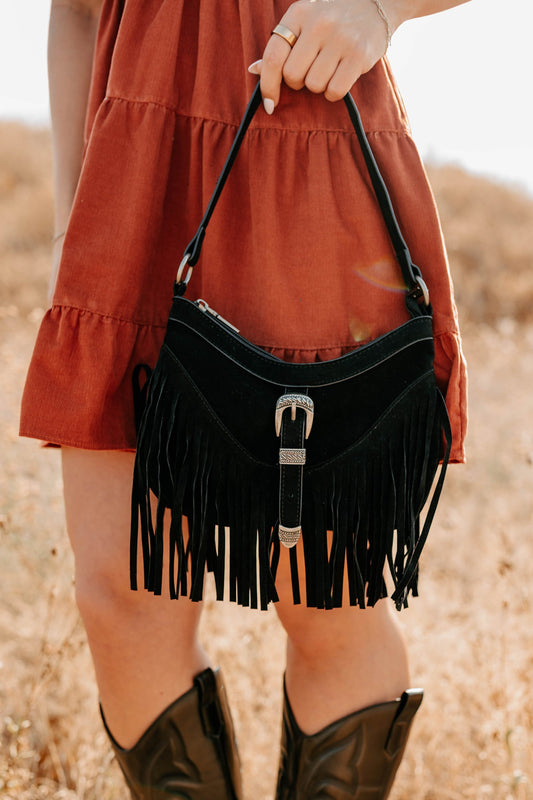 Wildflower Whiskey Faux Suede Fringe Bag (Black)